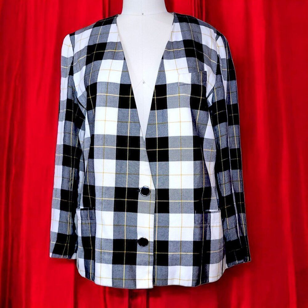 Kasper Plaid Blazer Jacket – Black, White & Yellow Check